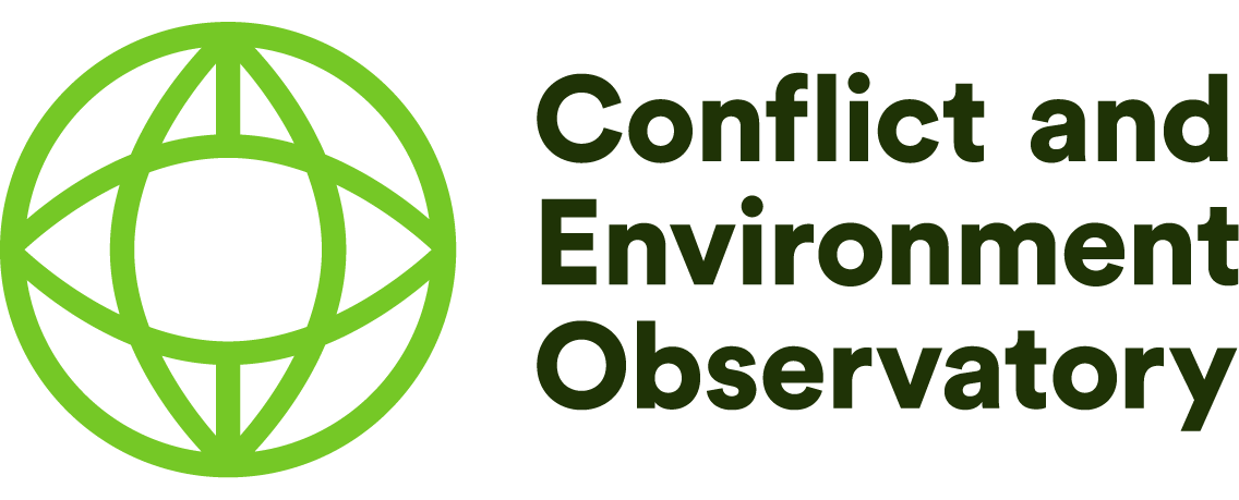 Green logo of the Conflict and Environment Observatory with a globe design and the organization name in black text.