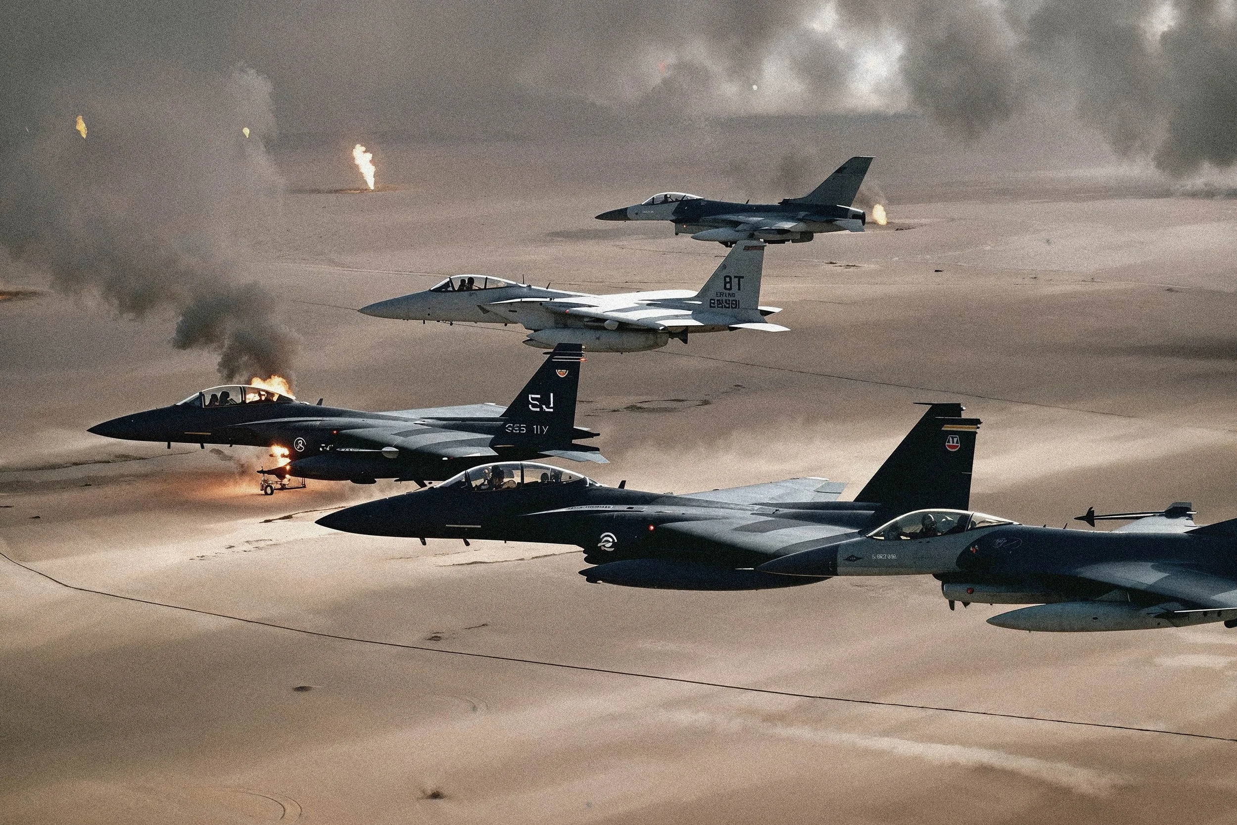 Multiple military fighter jets flying in formation over desert with explosions and smoke in the background.