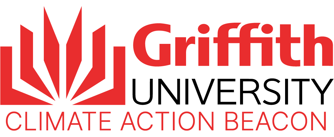 Griffith Climate Action Beacon logo with stylized red flame and text.